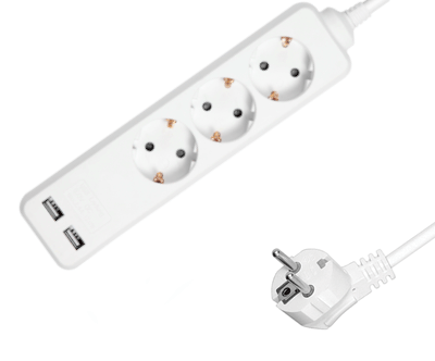 Schuko-jatkopistorasia 3-osainen 2xUSB valkoinen 1,5m