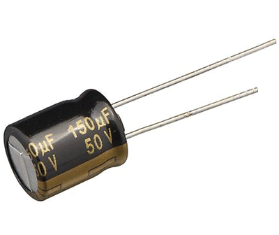 Elektrolyyttikondensaattori low-ESR pystymalli 150uF 50V R-5 (EEUFM1H151)