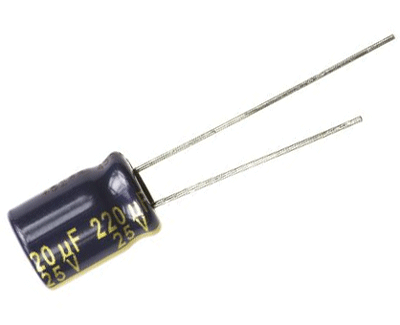 Elektrolyyttikondensaattori low-ESR pystymalli 220uF 25V R-3,5