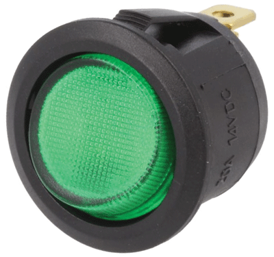 Keinuvipukytkin LED-merkkivalolla 1xON-OFF 20A 14Vdc vihreä