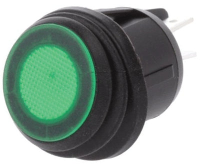 Keinuvipukytkin LED-merkkivalolla 2xON-OFF 20A 12Vdc IP65 vihreä
