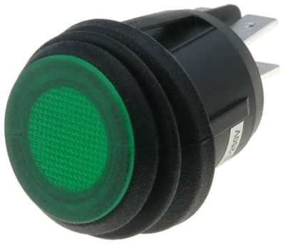 Keinuvipukytkin merkkivalolla 2xON-OFF 10A 250Vac IP65 vihreä