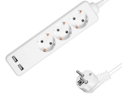 Schuko-jatkopistorasia 3-osainen 2xUSB valkoinen 1,5m Schuko-jatkopistorasia 3-osainen 2xUSB valkoinen 1,5m