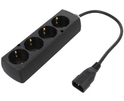 Schuko-jatkopistorasia 4-osainen IEC-kojepistokkeella C14 0,3m Schuko-jatkopistorasia 4-osainen IEC-kojepistokkeella C14 0,3m